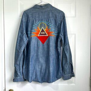 Asos All Seeing Eye Embroidery Chambray Denim Button Up Shirt Size Men's Large